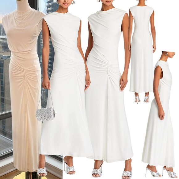 🆕 SIMKHAI 🧿 NWOT Acacia Draped Ruched Jersey Midi Dress, Ivory - Sz S - Picture 1 of 16